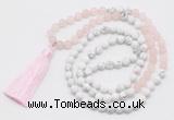 GMN6103 Knotted 8mm, 10mm rose quartz & white howlite 108 beads mala necklace with tassel