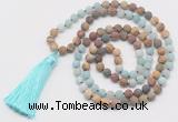 GMN6107 Knotted 8mm, 10mm matte amazonite & jasper 108 beads mala necklace with tassel