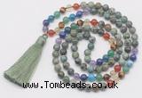 GMN6126 Knotted 7 Chakra 8mm, 10mm African turquoise 108 beads mala necklace with tassel