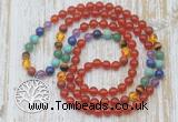 GMN6141 Knotted 7 Chakra 8mm, 10mm red agate 108 beads mala necklace with charm