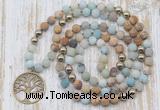 GMN6144 Knotted 8mm, 10mm matte amazonite & picture jasper 108 beads mala necklace with charm