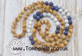 GMN6157 Knotted 8mm, 10mm golden tiger eye, lapis lazuli & matte white howlite 108 beads mala necklace with charm