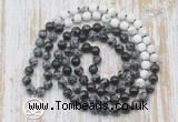 GMN6159 Knotted 8mm, 10mm snowflake obsidian, garnet & matte white howlite 108 beads mala necklace with charm