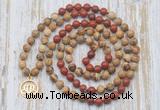 GMN6160 Knotted 8mm, 10mm picture jasper & red jasper 108 beads mala necklace with charm