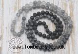 GMN6170 Knotted 8mm, 10mm black lava, black labradorite & cloudy quartz 108 beads mala necklace with charm