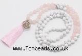 GMN6203 Knotted matte rose quartz & white howlite 108 beads mala necklace with tassel & charm