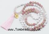 GMN6204 Knotted white howlite, pink jasper & rose quartz 108 beads mala necklace with tassel & charm