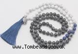 GMN6210 Knotted black labradorite & matte white howlite 108 beads mala necklace with tassel & charm