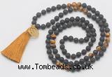 GMN6215 Knotted black lava & yellow tiger eye 108 beads mala necklace with tassel & charm