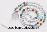 GMN6221 Knotted 7 Chakra white howlite 108 beads mala necklace with tassel & charm