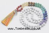 GMN6222 Knotted 7 Chakra white howlite 108 beads mala necklace with tassel & charm