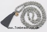 GMN6232 Knotted 8mm, 10mm labradorite 108 beads mala necklace with tassel & charm