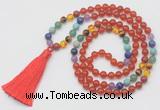 GMN6241 Knotted 7 Chakra 8mm, 10mm red agate 108 beads mala necklace with tassel
