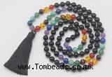 GMN6242 Knotted 7 Chakra 8mm, 10mm black agate 108 beads mala necklace with tassel