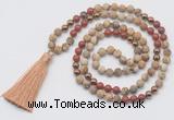 GMN6246 Knotted 8mm, 10mm matte picture jasper & red jasper 108 beads mala necklace with tassel