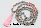 GMN6247 Knotted 8mm, 10mm dalmatian jasper & cherry quartz 108 beads mala necklace with tassel