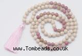 GMN6250 Knotted 8mm, 10mm white fossil jasper & pink wooden jasper 108 beads mala necklace with tassel