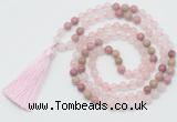 GMN6251 Knotted 8mm, 10mm rose quartz & pink wooden jasper 108 beads mala necklace with tassel
