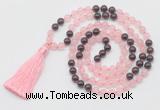 GMN6252 Knotted 8mm, 10mm rose quartz & garnet 108 beads mala necklace with tassel