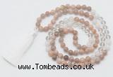 GMN6254 Knotted 8mm, 10mm sunstone, white crystal & white jade 108 beads mala necklace with tassel