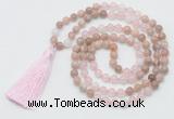 GMN6255 Knotted 8mm, 10mm sunstone, rose quartz & white jade 108 beads mala necklace with tassel