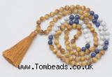 GMN6257 Knotted 8mm, 10mm golden tiger eye, lapis lazuli & matte white howlite 108 beads mala necklace with tassel