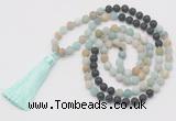 GMN6263 Knotted 8mm, 10mm matte amazonite & black lava 108 beads mala necklace with tassel