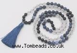 GMN6266 Knotted 8mm, 10mm matte sodalite, white crystal  & black agate 108 beads mala necklace with tassel