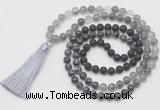 GMN6270 Knotted 8mm, 10mm black lava, black labradorite & cloudy quartz 108 beads mala necklace with tassel