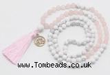 GMN6303 Knotted matte rose quartz & white howlite 108 beads mala necklace with tassel & charm