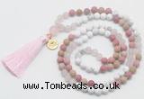 GMN6304 Knotted white howlite, pink jasper & rose quartz 108 beads mala necklace with tassel & charm