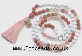GMN6305 Knotted white howlite, cherry quartz & red jasper 108 beads mala necklace with tassel & charm