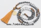 GMN6309 Knotted matte white howlite & black labradorite 108 beads mala necklace with tassel & charm