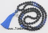 GMN6314 Knotted black lava & lapis lazuli 108 beads mala necklace with tassel & charm