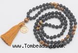 GMN6315 Knotted black lava & yellow tiger eye 108 beads mala necklace with tassel & charm