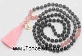 GMN6317 Knotted matte black agate, black labradorite & rose quartz 108 beads mala necklace with tassel & charm