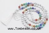 GMN6321 Knotted 7 Chakra white howlite 108 beads mala necklace with tassel & charm