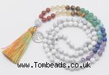 GMN6322 Knotted 7 Chakra white howlite 108 beads mala necklace with tassel & charm