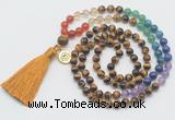 GMN6324 Knotted 7 Chakra 8mm, 10mm yellow tiger eye 108 beads mala necklace with tassel & charm