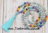 GMN6339 Knotted 7 Chakra 8mm, 10mm amazonite 108 beads mala necklace with tassel