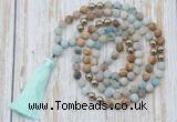 GMN6344 Knotted 8mm, 10mm matte amazonite & picture jasper 108 beads mala necklace with tassel