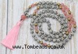 GMN6347 Knotted 8mm, 10mm dalmatian jasper & cherry quartz 108 beads mala necklace with tassel