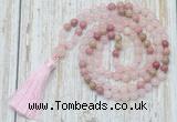 GMN6351 Knotted 8mm, 10mm rose quartz & pink wooden jasper 108 beads mala necklace with tassel