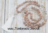 GMN6354 Knotted 8mm, 10mm sunstone, white crystal & white jade 108 beads mala necklace with tassel