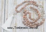 GMN6354 Knotted 8mm, 10mm sunstone, white crystal & white jade 108 beads mala necklace with tassel