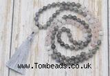 GMN6356 Knotted 8mm, 10mm labradorite, rose quartz & white moonstone 108 beads mala necklace with tassel
