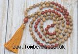 GMN6360 Knotted 8mm, 10mm picture jasper & red jasper 108 beads mala necklace with tassel