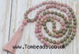 GMN6361 Knotted 8mm, 10mm unakite & pink wooden jasper 108 beads mala necklace with tassel