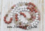 GMN6405 Hand-knotted 8mm, 10mm white howlite, cherry quartz & red jasper 108 beads mala necklaces