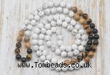 GMN6408 Hand-knotted 8mm, 10mm matte white howlite & mixed gemstone 108 beads mala necklaces